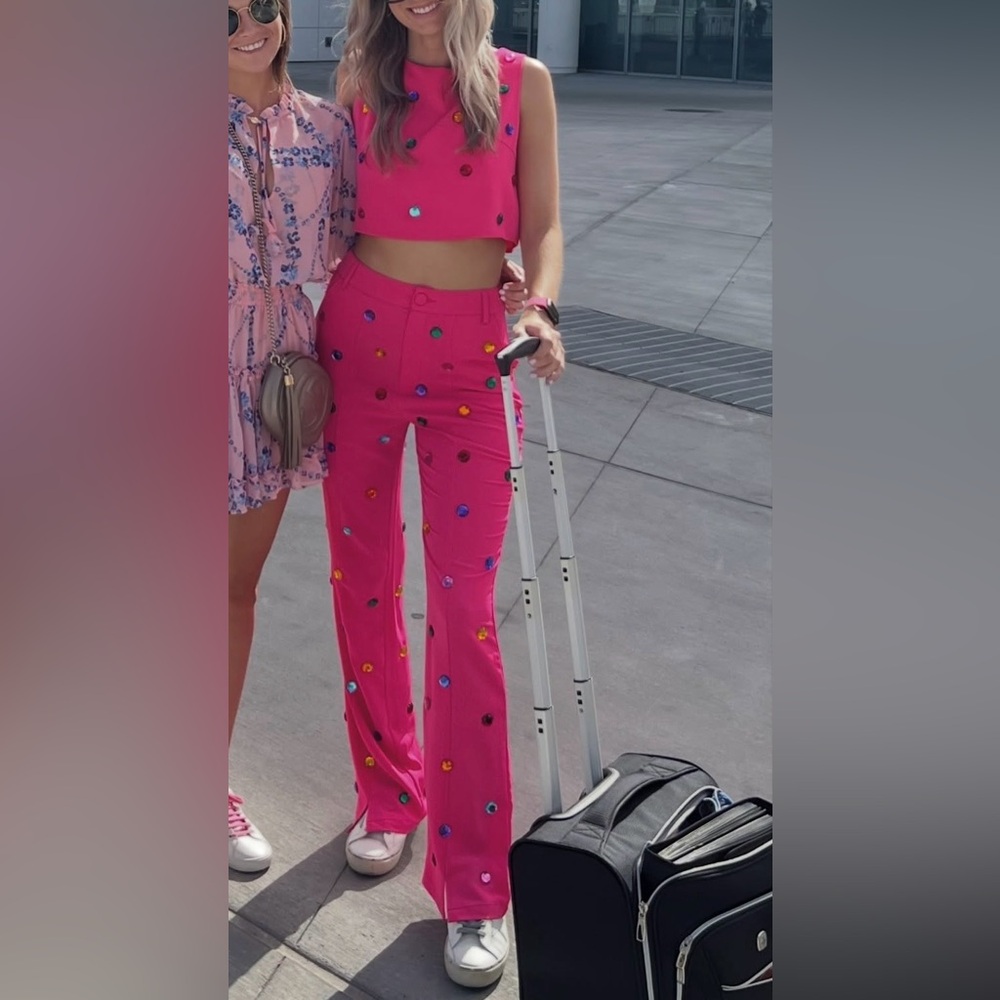 QUEEN OF SPARKLES Pink Sequin Embellished Pants